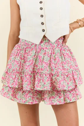 Pretty Moment Pink Multi Floral Tiered Skort SALE,Women Skirts Comfort