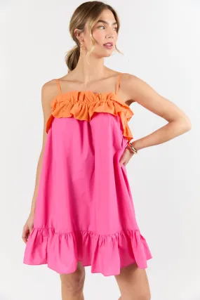 Quick Updates Pink and Orange Ruffle Detail Two Tone Mini Dress,Daily Outfit