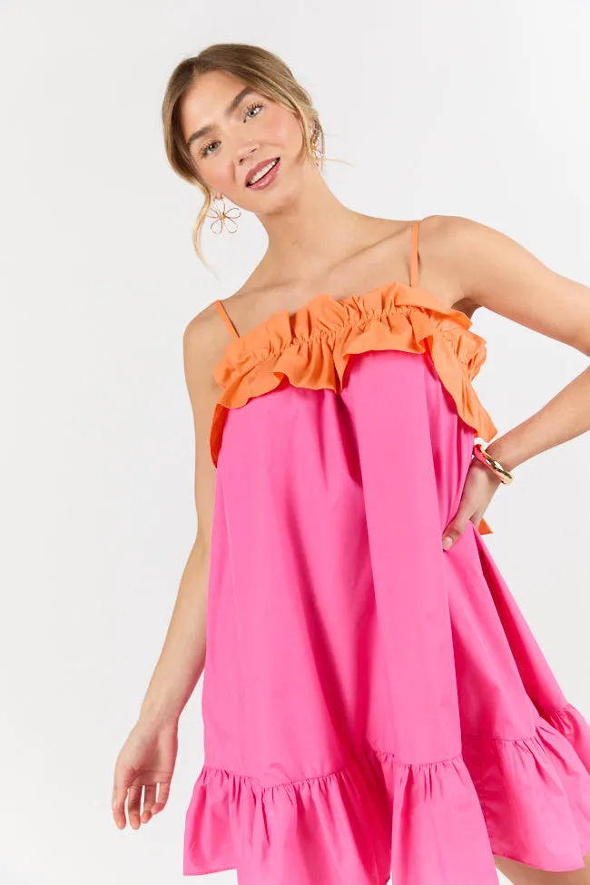 Quick Updates Pink and Orange Ruffle Detail Two Tone Mini Dress,Daily Outfit