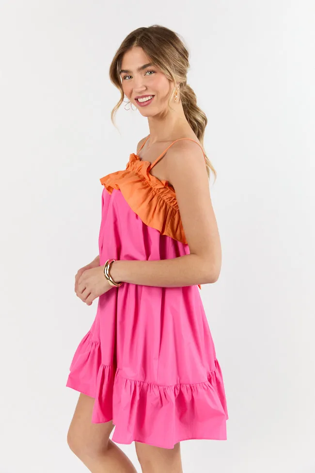 Quick Updates Pink and Orange Ruffle Detail Two Tone Mini Dress,Daily Outfit
