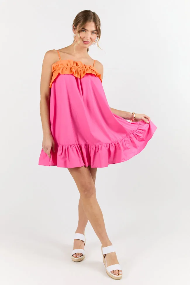 Quick Updates Pink and Orange Ruffle Detail Two Tone Mini Dress,Daily Outfit