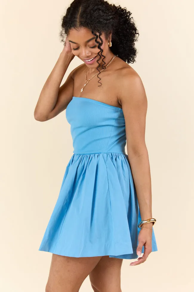 Ready By Noon Blue Strapless Fit and Flare Dress,Daily Outfit