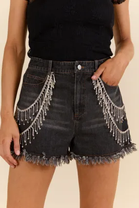 Rhinestone Riff Black Wash Embellished Denim Shorts,Women Shorts