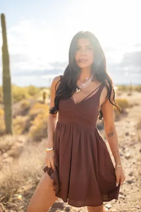 Rings A Bell Chocolate V-Neck Mini Dress,Daily Outfit