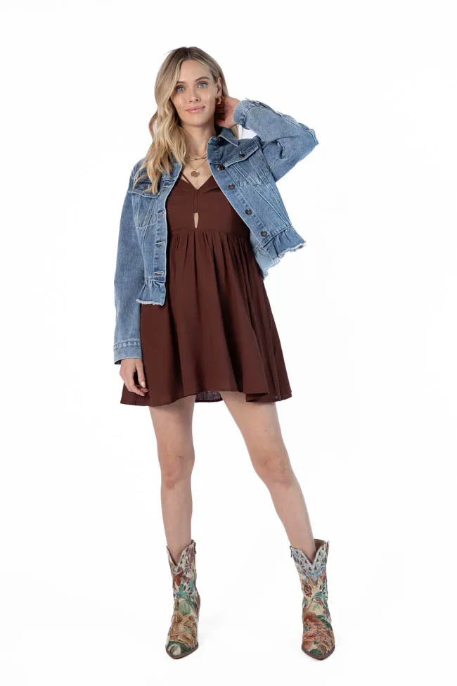 Rings A Bell Chocolate V-Neck Mini Dress,Daily Outfit