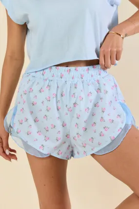 Rosy Rush Blue Print Ruffle Trim Active Shorts,Women Shorts