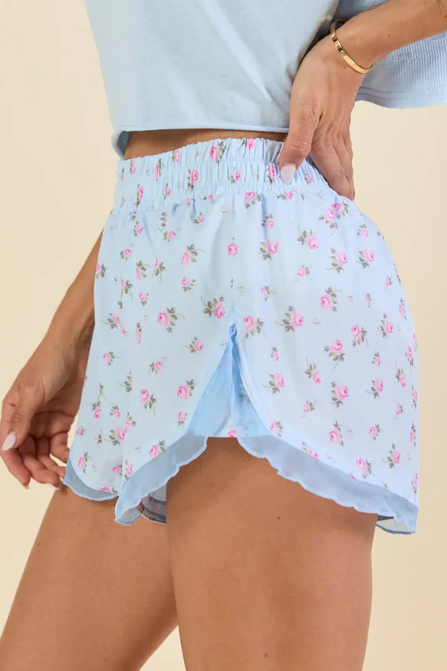 Rosy Rush Blue Print Ruffle Trim Active Shorts,Women Shorts