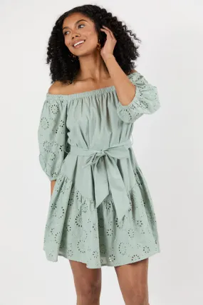 Set The Sage Eyelet Off The Shoulder Dress SALE,Daily Outfit