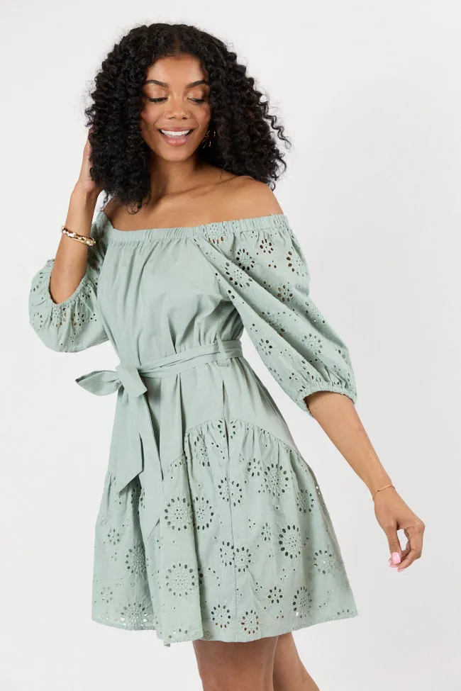 Set The Sage Eyelet Off The Shoulder Dress SALE,Daily Outfit