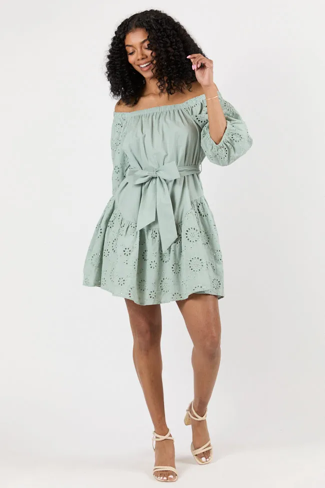 Set The Sage Eyelet Off The Shoulder Dress SALE,Daily Outfit