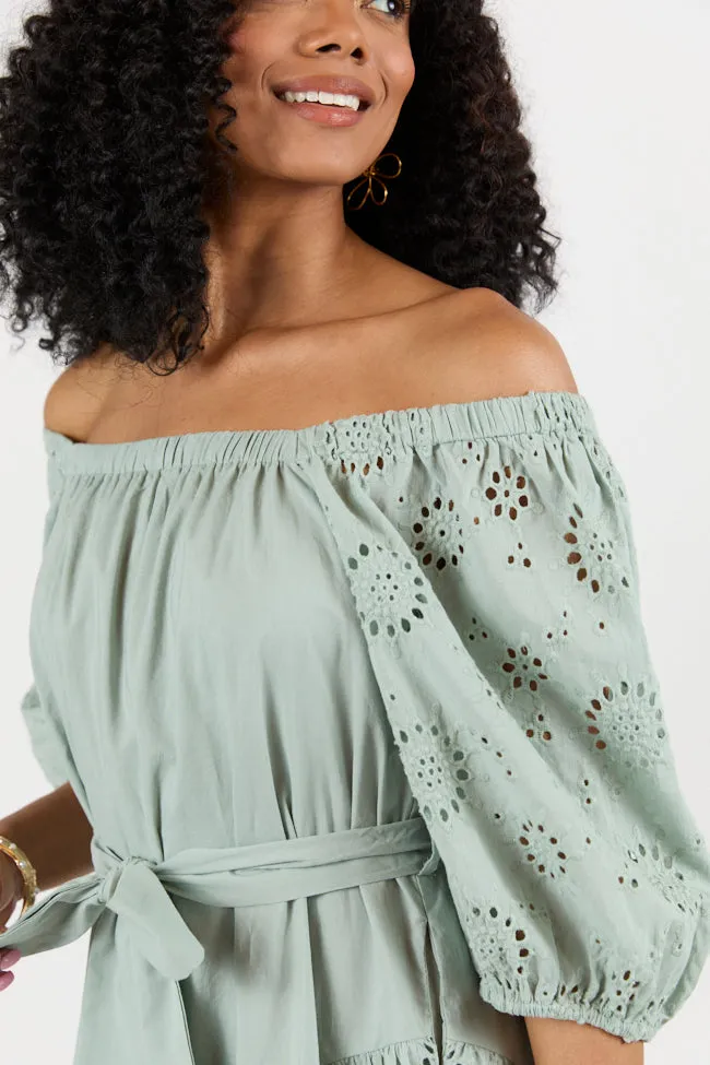 Set The Sage Eyelet Off The Shoulder Dress SALE,Daily Outfit