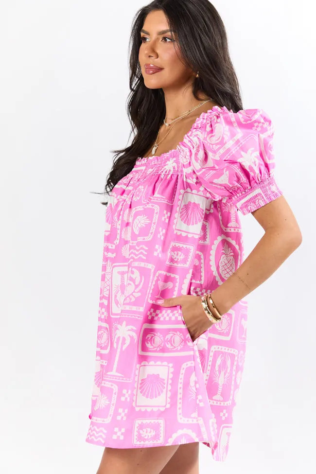 Shore-ly Yours Pink and White Icon Print Dress SALE,Daily Outfit