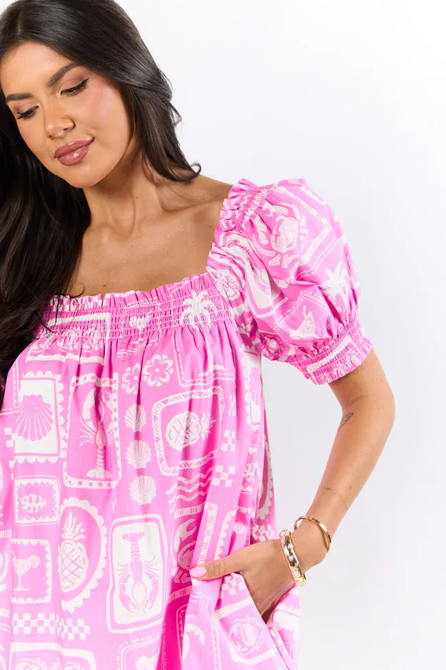 Shore-ly Yours Pink and White Icon Print Dress SALE,Daily Outfit