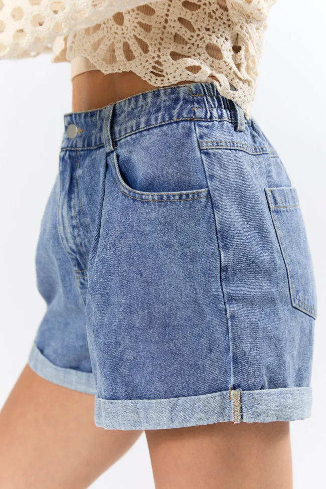 Simply The Best Medium Wash Pull On Rolled Cuff Denim Shorts,Women Shorts