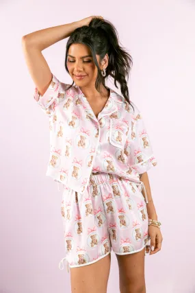 Snuggled Up Teddy Bear Printed Contrast Tie Detail Satin Pajama Shorts SALE,Women Pants