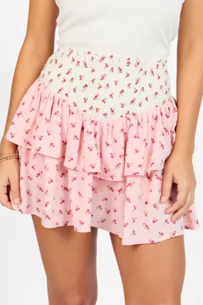 Special Day Ivory and Pink Multi Floral Color Block Tiered Skort,Women Skirts Comfort