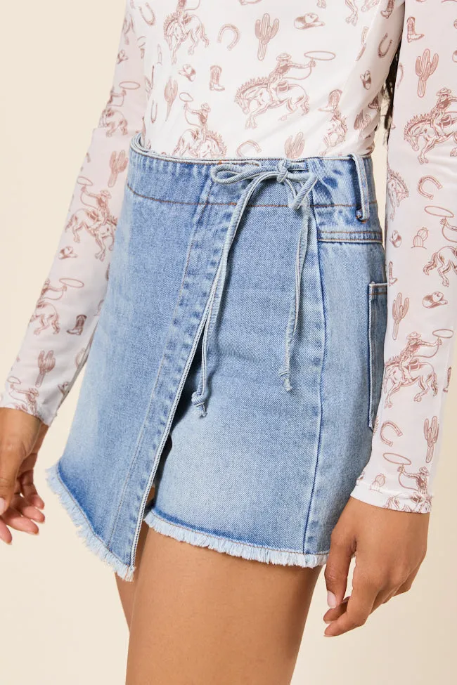 Stacy Light Wash Tie Denim Skort,Women Skirts Comfort