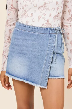 Stacy Light Wash Tie Denim Skort,Women Skirts Comfort