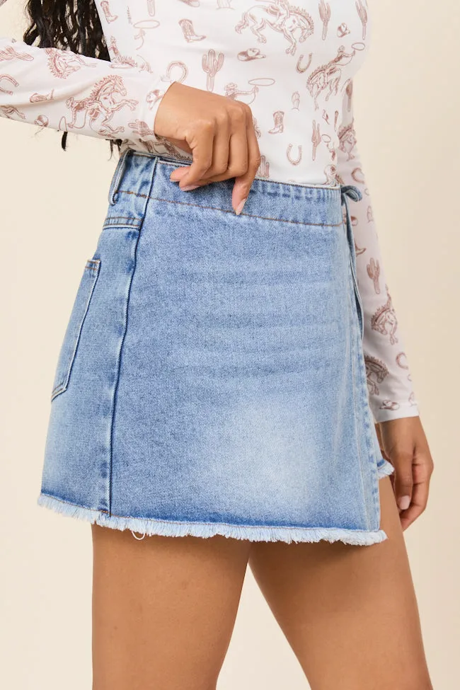 Stacy Light Wash Tie Denim Skort,Women Skirts Comfort