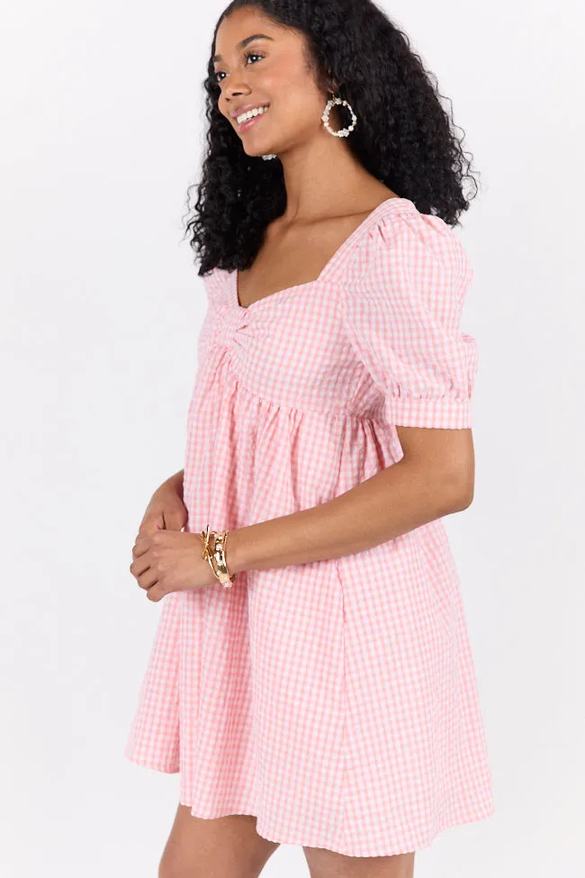 Strawberry Fields Pink Gingham Mini Dress,Daily Outfit