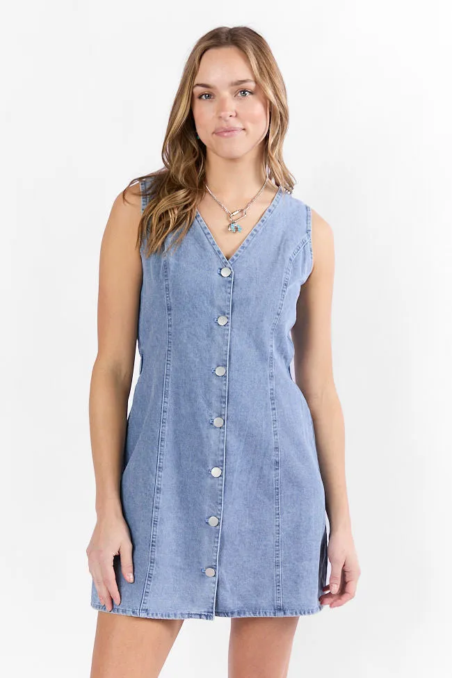 Strike A Chord Light Wash Denim Button Front Dress,Daily Outfit