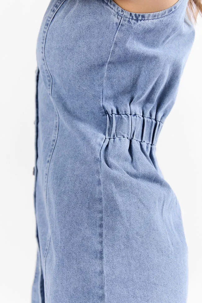 Strike A Chord Light Wash Denim Button Front Dress,Daily Outfit