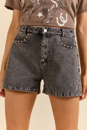 Studded Sound Black Denim Shorts,Women Shorts