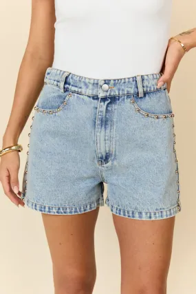 Studded Sound Blue Denim Shorts,Women Shorts
