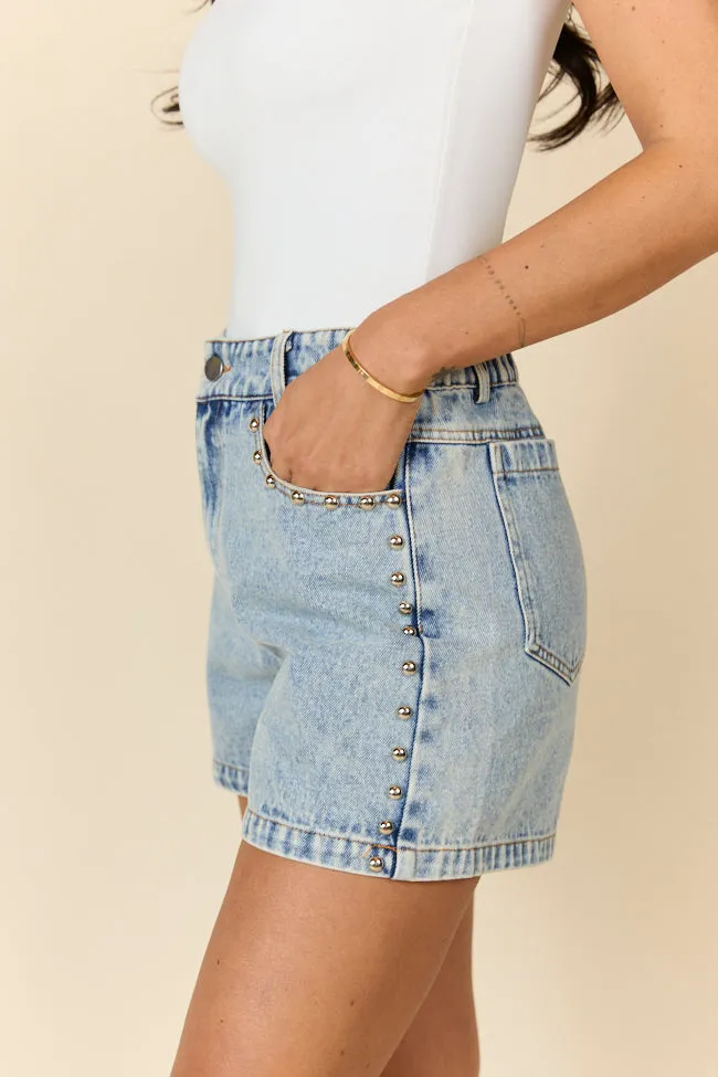 Studded Sound Blue Denim Shorts,Women Shorts