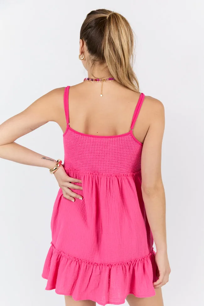 Sunny Day Stroll Pink Waffle & Gauze Mini Dress,Daily Outfit