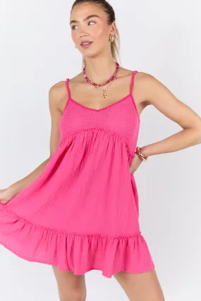 Sunny Day Stroll Pink Waffle & Gauze Mini Dress,Daily Outfit