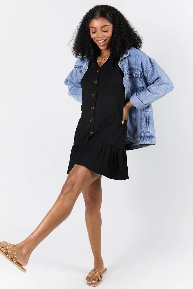 Sunset Romance Black Knit Button Front Mini Dress,Daily Outfit
