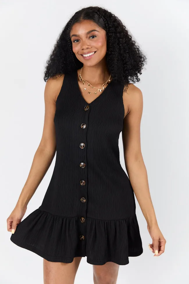 Sunset Romance Black Knit Button Front Mini Dress,Daily Outfit