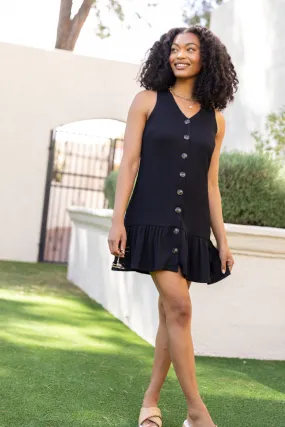 Sunset Romance Black Knit Button Front Mini Dress,Daily Outfit