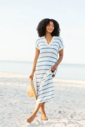 Sunset Sail Blue Striped Knit Coverup Midi Dress SALE,Daily Outfit