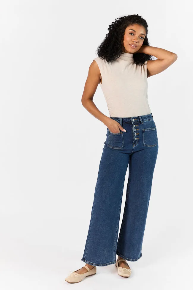 Sutton Dark Wash Wide Leg Patch Pocket Jeans,Women Pants