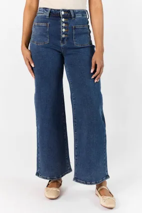 Sutton Dark Wash Wide Leg Patch Pocket Jeans,Women Pants