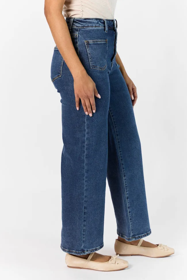 Sutton Dark Wash Wide Leg Patch Pocket Jeans,Women Pants
