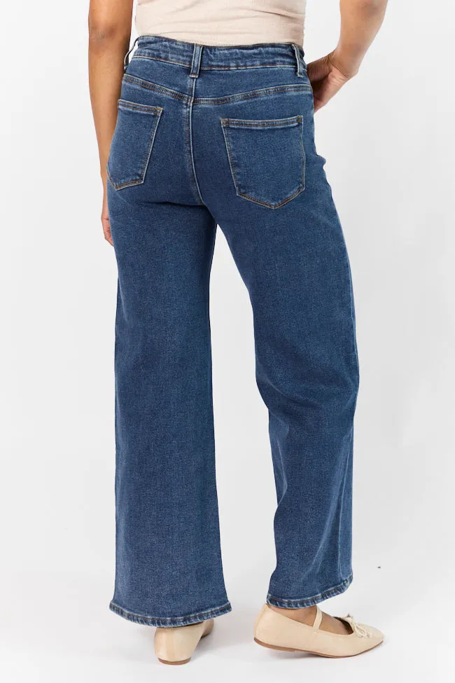 Sutton Dark Wash Wide Leg Patch Pocket Jeans,Women Pants