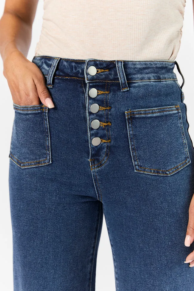 Sutton Dark Wash Wide Leg Patch Pocket Jeans,Women Pants