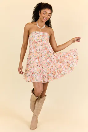 Sweet Thing Strapless Pink and Peach Printed Mini Dress SALE,Daily Outfit