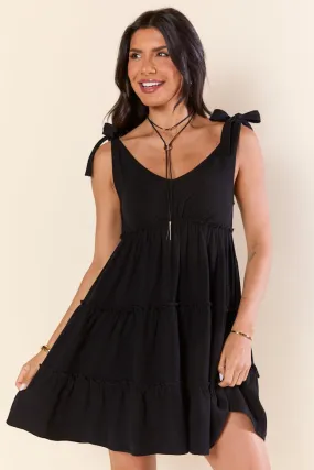 Sweetly Tied Black Tie Shoulder Mini Dress,Daily Outfit