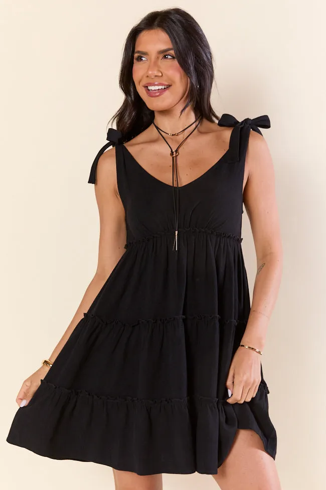 Sweetly Tied Black Tie Shoulder Mini Dress,Daily Outfit