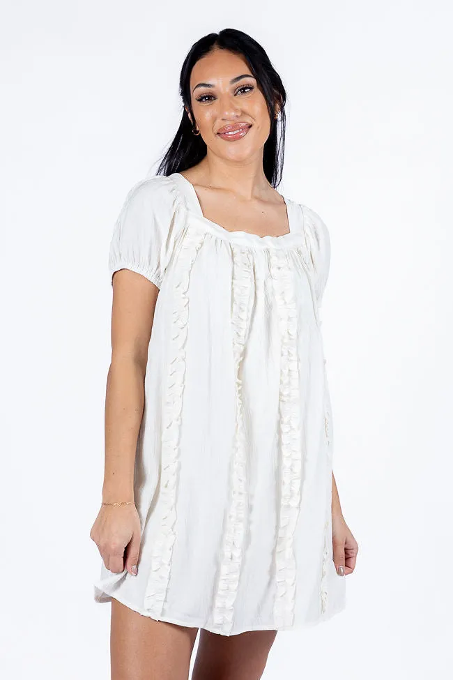 Tell Them About Me Ivory Ruffle Front A-Line Romper Dress,Daily Outfit
