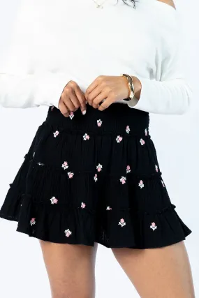Through The Garden Black Gauze Floral Mini Skort,Women Skirts Comfort
