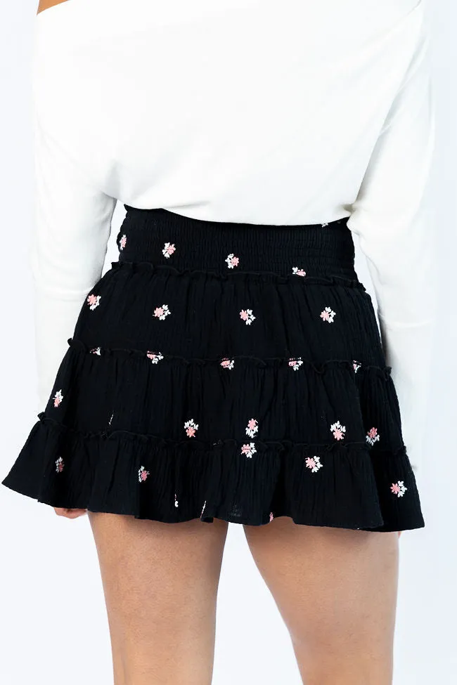 Through The Garden Black Gauze Floral Mini Skort,Women Skirts Comfort