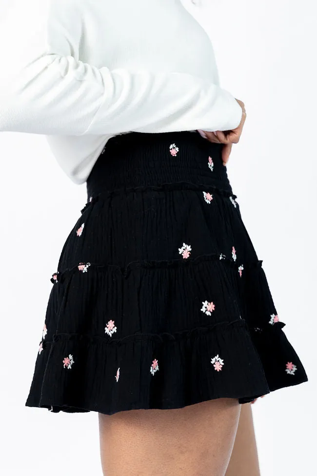 Through The Garden Black Gauze Floral Mini Skort,Women Skirts Comfort