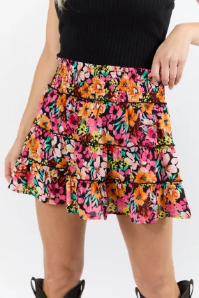 Through The Garden Black Multi Color Floral Mini Skort,Women Skirts Comfort