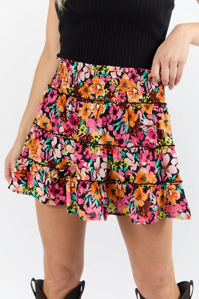 Through The Garden Black Multi Color Floral Mini Skort,Women Skirts Comfort