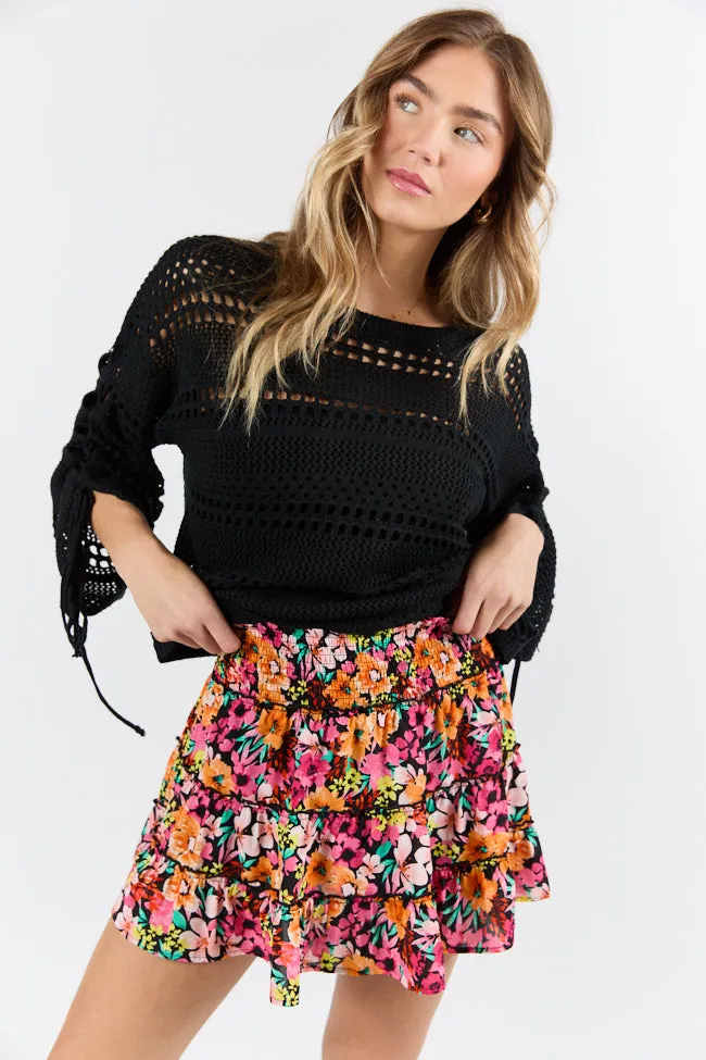 Through The Garden Black Multi Color Floral Mini Skort,Women Skirts Comfort
